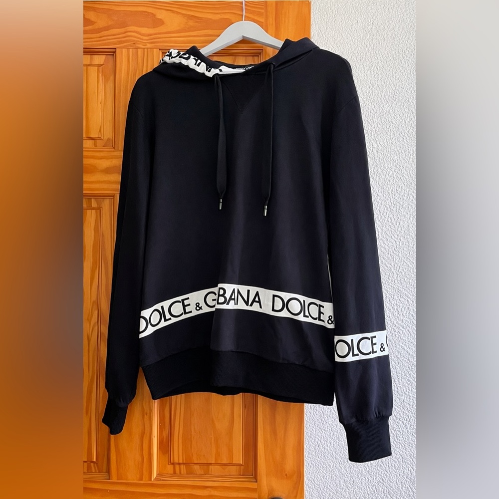 Dolce & Gabbana Black Crewneck Hoodie with White Logo Band